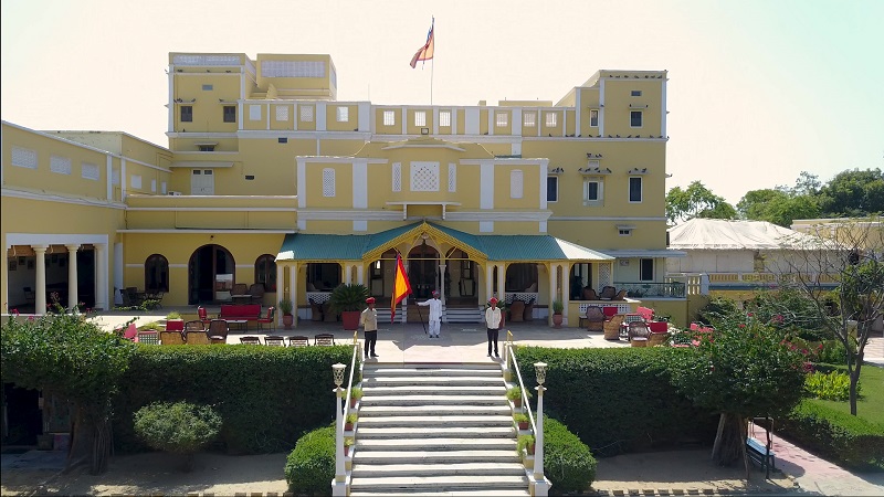Roop Niwas Palace heritage hotel Nawalgarh Shekhawati region Rajasthan drone photo of entrance