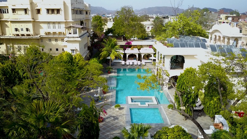Samode Haveli Jaipur Rajasthan luxury hotels drone photo of swimming pool