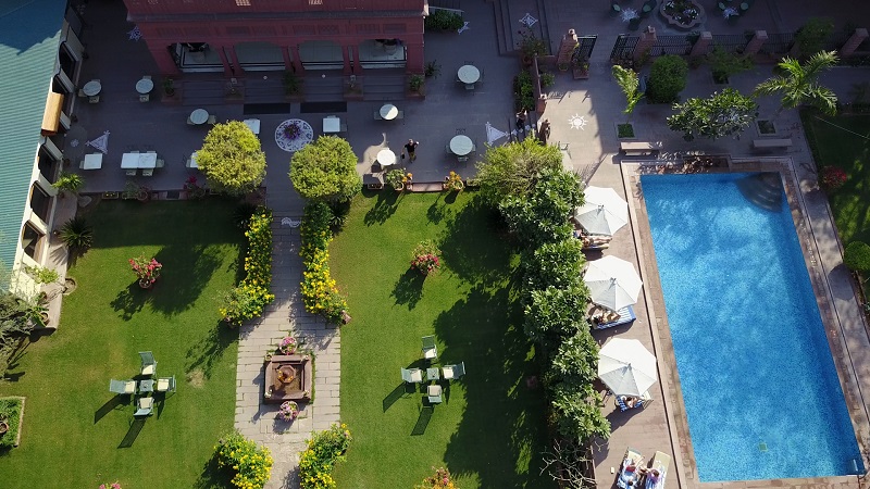 Ratan Vilas Jodhpur Rajasthan hotel drone photo of swimming pool and ornate garden