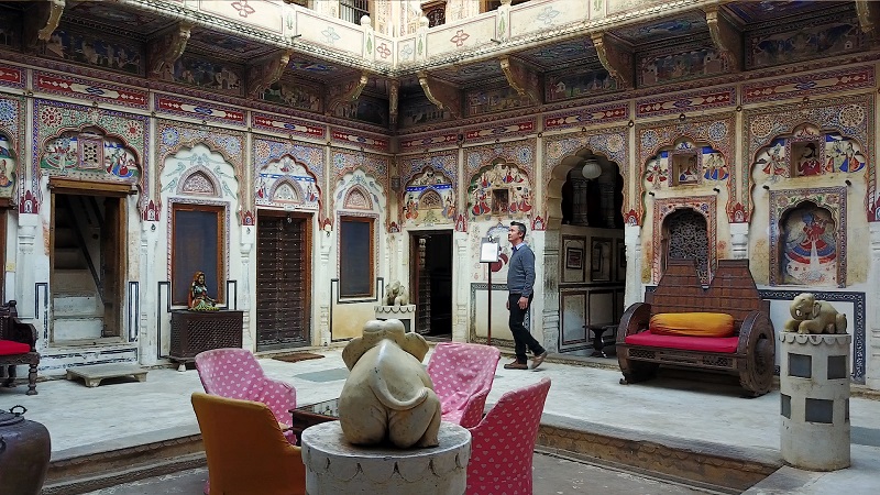 Mandawa Haveli Shekhawati region Rajasthan photo of beautiful inner courtyard with frescos and paintings