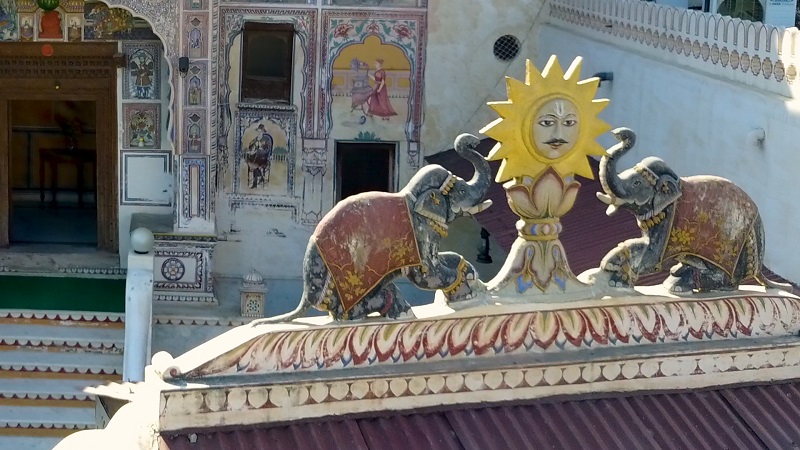 Radhika Haveli Mandawa Shekawadi region Rajasthan drone photo of elephant and sun roof carvings