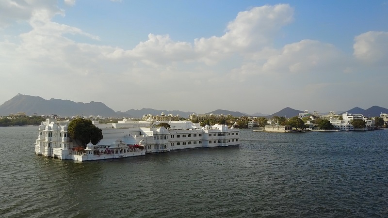 Taj Lake Palace Hotel Udaipur best luxury Rajasthan drone ariel photo showing entire palace