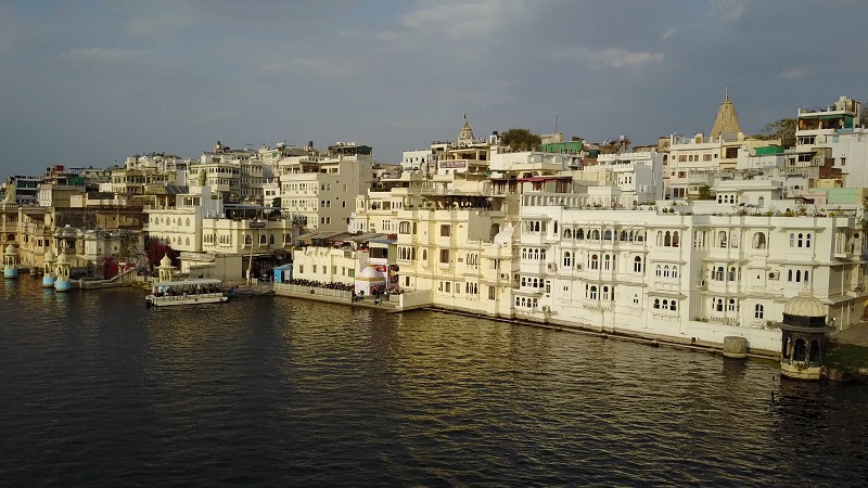 Jagat Niwas Palace Udaipur Haveli lake view Pichola drone photo of entire hotel and lake pichola